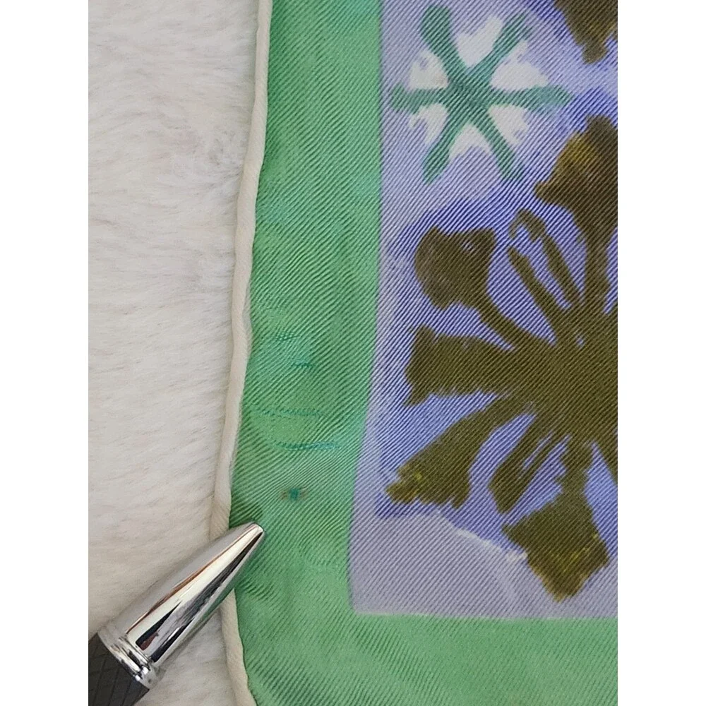 Vintage Vera Neumann Silk Scarf HandRolled Green Blue 60-70's Flower Geo Design